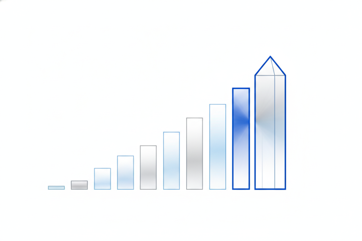 Create a minimal abstract illustration on a pure white background showing a set of rising geometric shapes or bars, with one highlighted to represent an industry leader. Use thin blue and gray lines, soft gradients, and conceptual forms to symbolize identifying top performers. No text, no people, no literal icons.