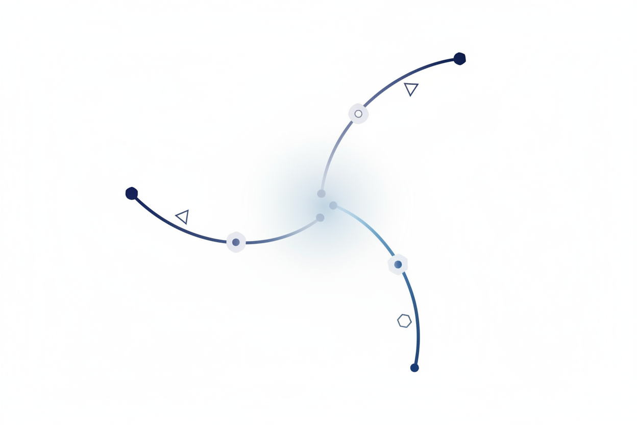 Create a minimal abstract illustration on a pure white background showing three distinct discovery pathways converging toward a central point. Use thin blue and gray lines, soft gradients, and geometric shapes to represent search channels like Google, LLMs, and social. Keep the style conceptual, modern, and clean — no text, no logos, no literal icons.”
This abstractly communicates the three discovery channels without being on-the-nose.