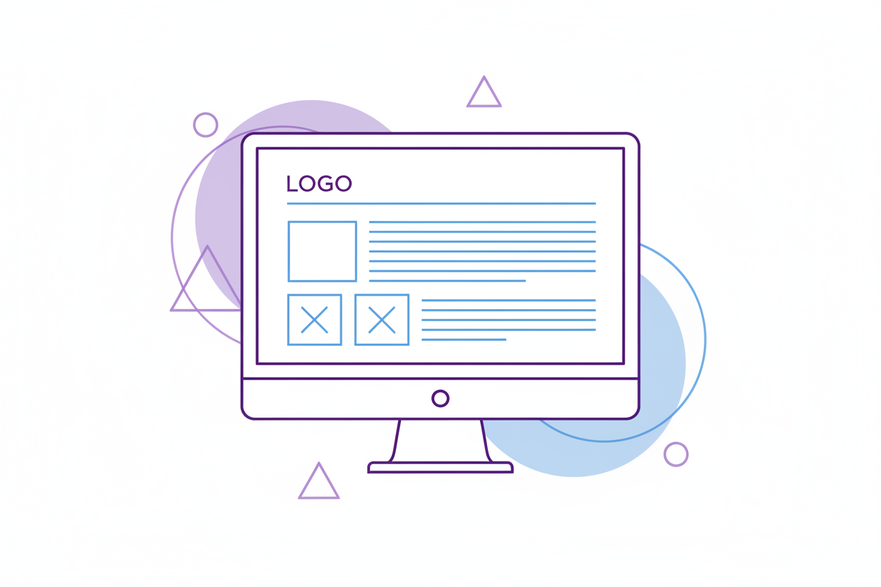 Minimalist thin-line vector illustration of a computer monitor displaying a simple webpage layout (header, text block, image placeholder). Muted purples and soft blues. White background. Subtle abstract circles and triangles behind the icon. Clean, flat, modern, no gradients.”