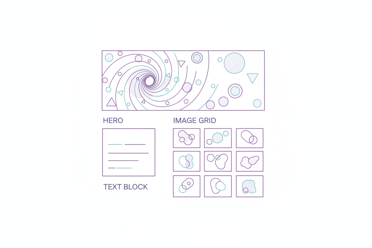 “Minimalist thin-line vector illustration of a webpage wireframe with multiple sections: hero, text block, image grid. Muted purple/blue line art with soft geometric abstract shapes on a white background. Clean, flat style.”
