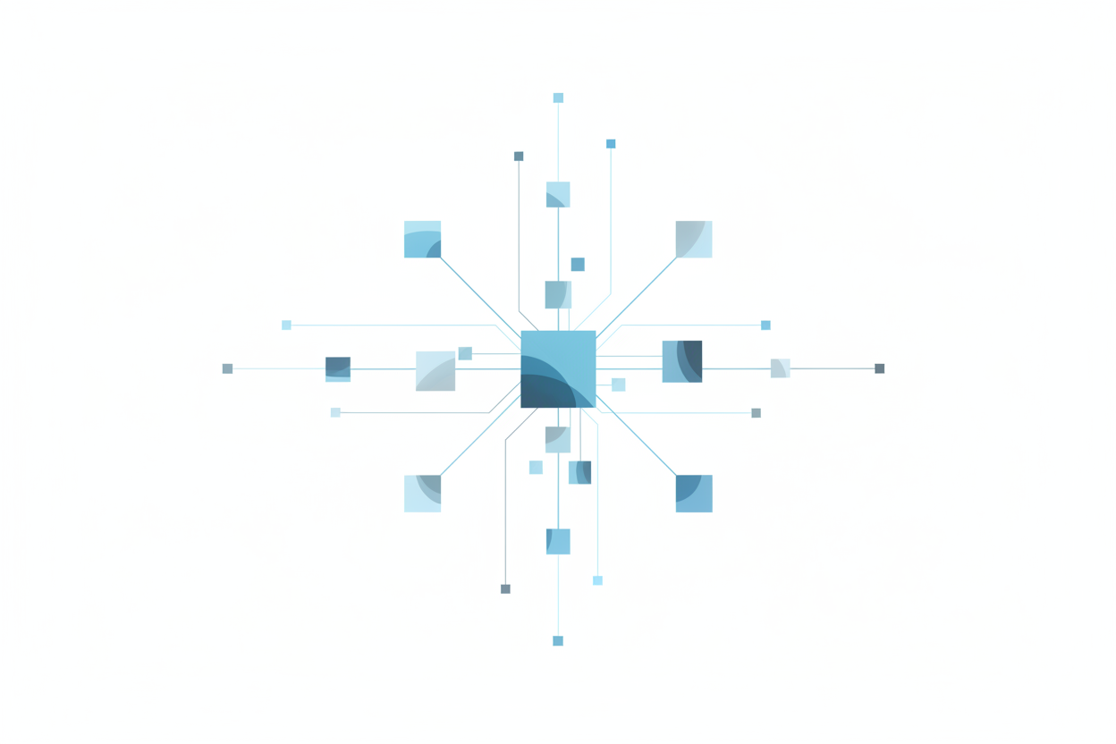 Create a minimal abstract illustration on a pure white background showing a structured layout of interconnected rectangles or blocks representing web pages and site architecture. Use thin blue and gray lines and soft geometric gradients to symbolize organized structure and SEO systems. No text, no people, no device mockups — purely conceptual.