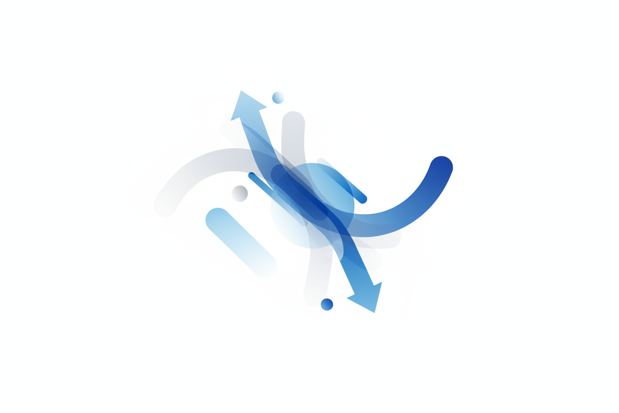 Design a minimal abstract illustration on a pure white background showing shifting market forces. Use subtle arrows, layered shapes, and gradient flows to represent how industries evolve and margins move. Keep the style clean, modern, and conceptual with blue and gray accents. No words, no people, no stock imagery.