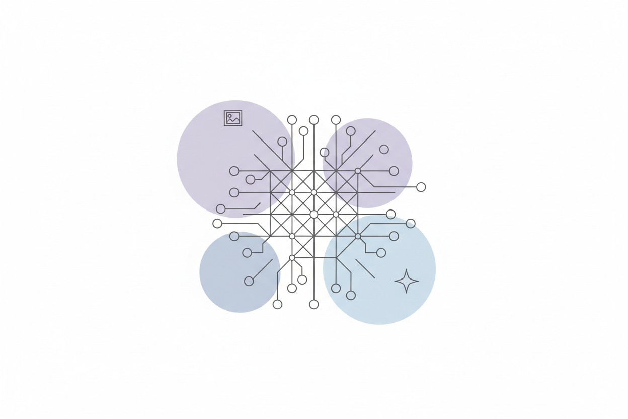 Minimal thin-line illustration of an abstract AI “brain chip” or neural network cluster. Small nodes connected by lines, arranged in a clean geometric style. Soft pastel circular shapes in the background (lavender, muted blue). Add two small symbol-icons (a picture frame outline and sparkle icon) to suggest AI-generated imagery. No laptop, no monitors. Pure white background.