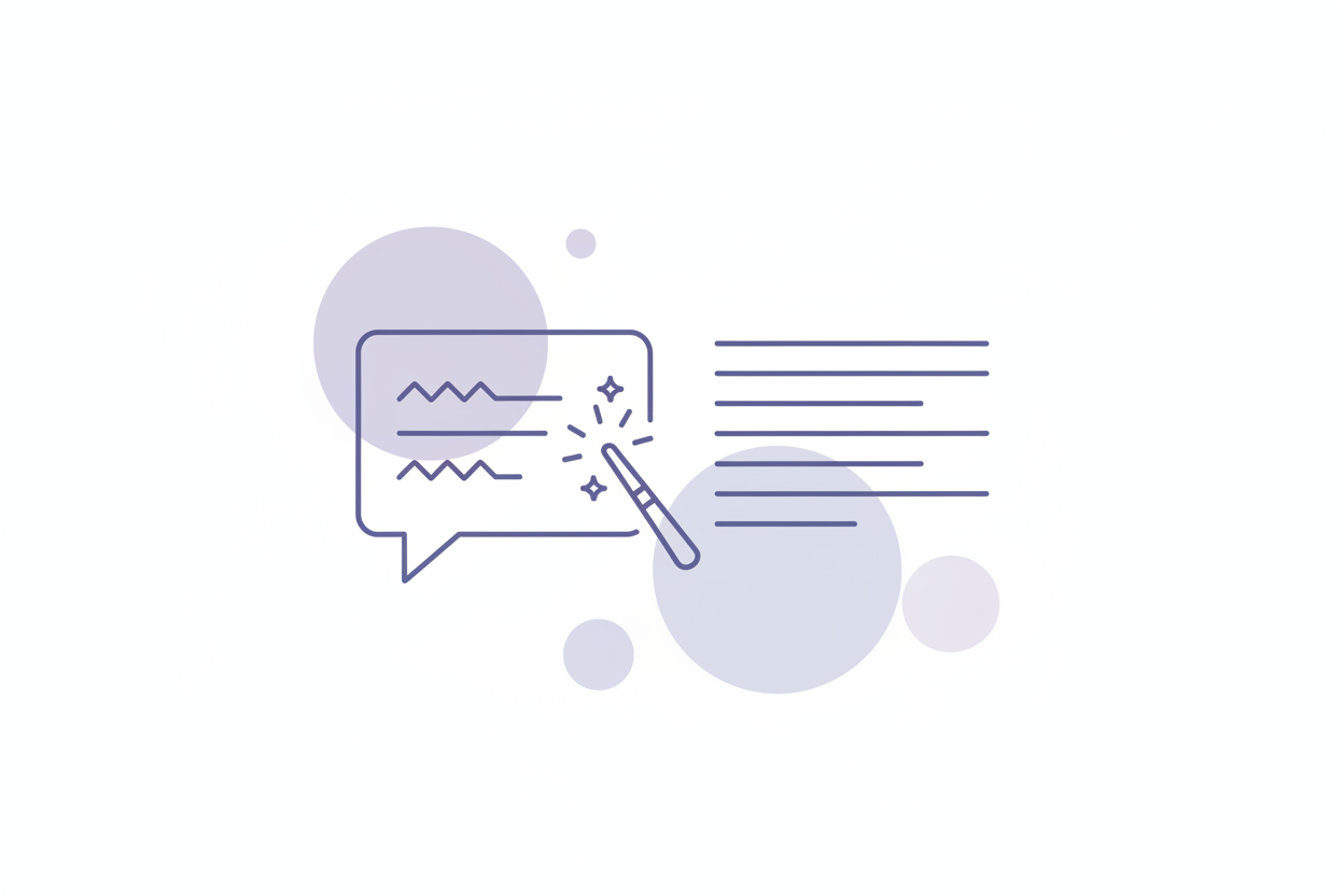 “Minimalist thin-line vector illustration of a chat bubble, a magic-wand/sparkle icon, and lines of text being transformed. Represents AI-assisted copywriting. Muted purple/blue line art. Soft abstract background circles, white background, clean flat vector style.”