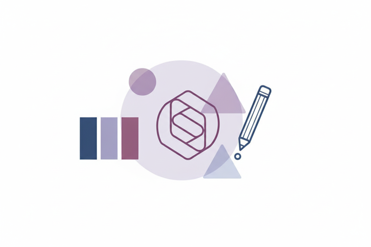 Minimalist thin-line vector illustration of a color palette swatch, stylized logo shape, and a pencil/pen tool icon. Muted purple/blue palette with soft circular and triangular accents behind. White background, flat vector design.”