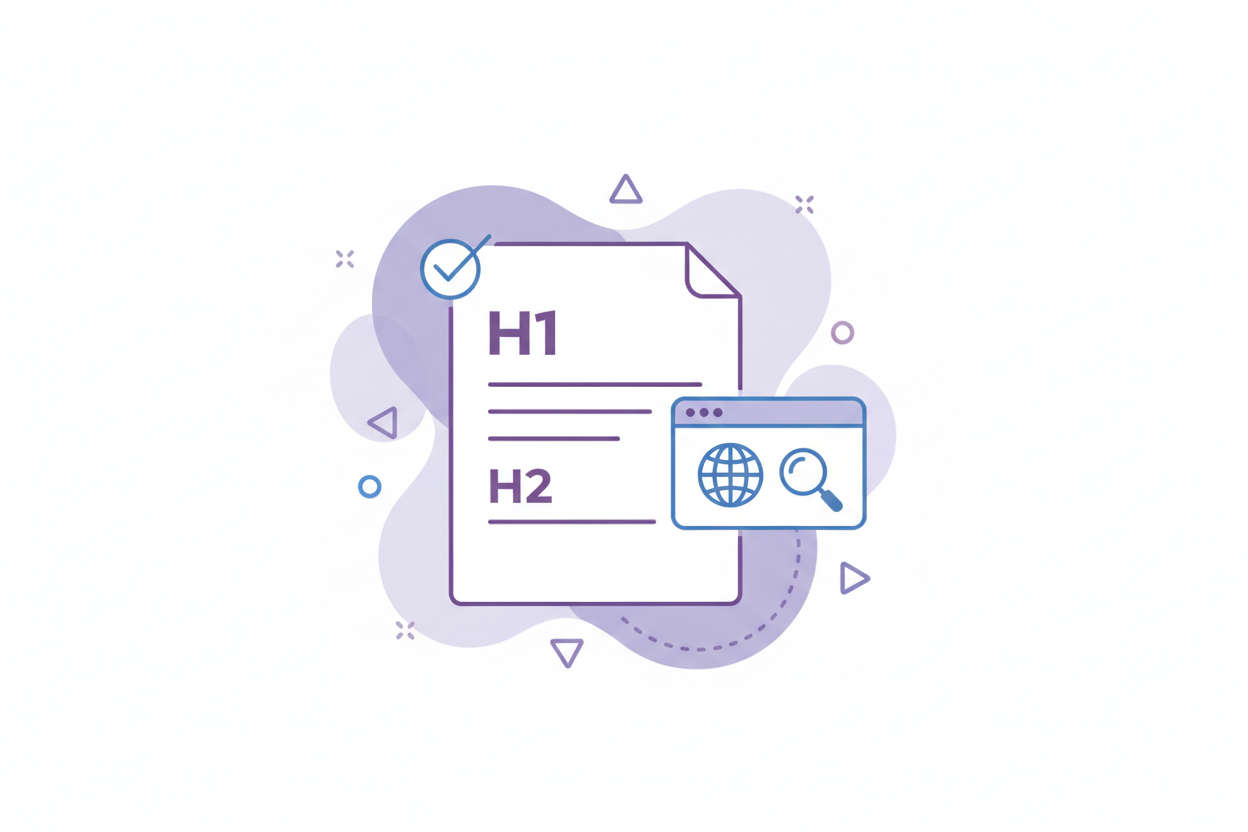“Minimalist thin-line vector illustration of on-page SEO elements: text document with headings marked H1/H2, small check marks, and a browser tab icon. Muted purples/blues. Subtle circular blobs and triangles behind. Clean white background.”