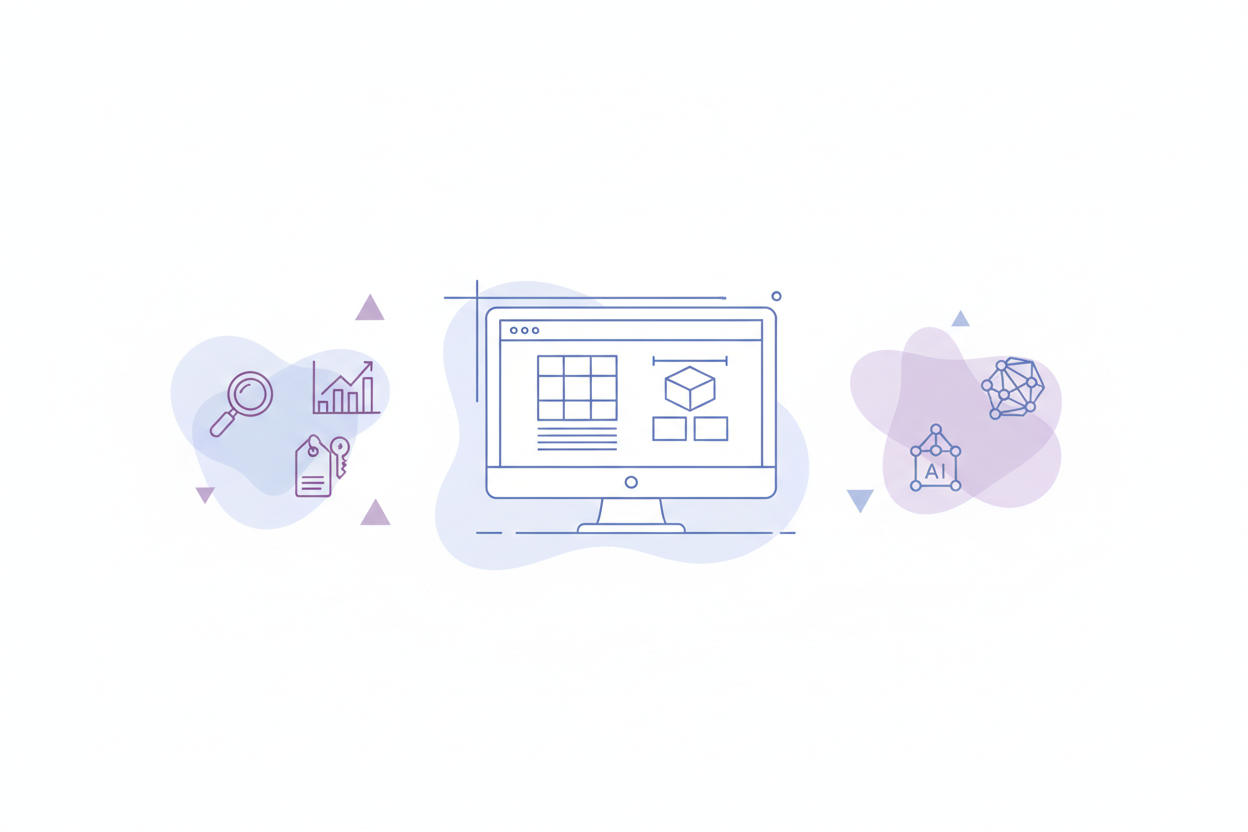 Minimalist thin-line vector illustration on a white background. Show a computer monitor in the center, representing a website build. Surround it with simple line icons for SEO (magnifying glass, upward graph, keyword tag) and AI asset creation (neural network node cluster or small geometric AI icon). Use muted purples and soft blues. Add soft circular blob shapes and small triangles behind the icons for depth. Clean, flat, modern, airy — no gradients, no shadows, no 3D.