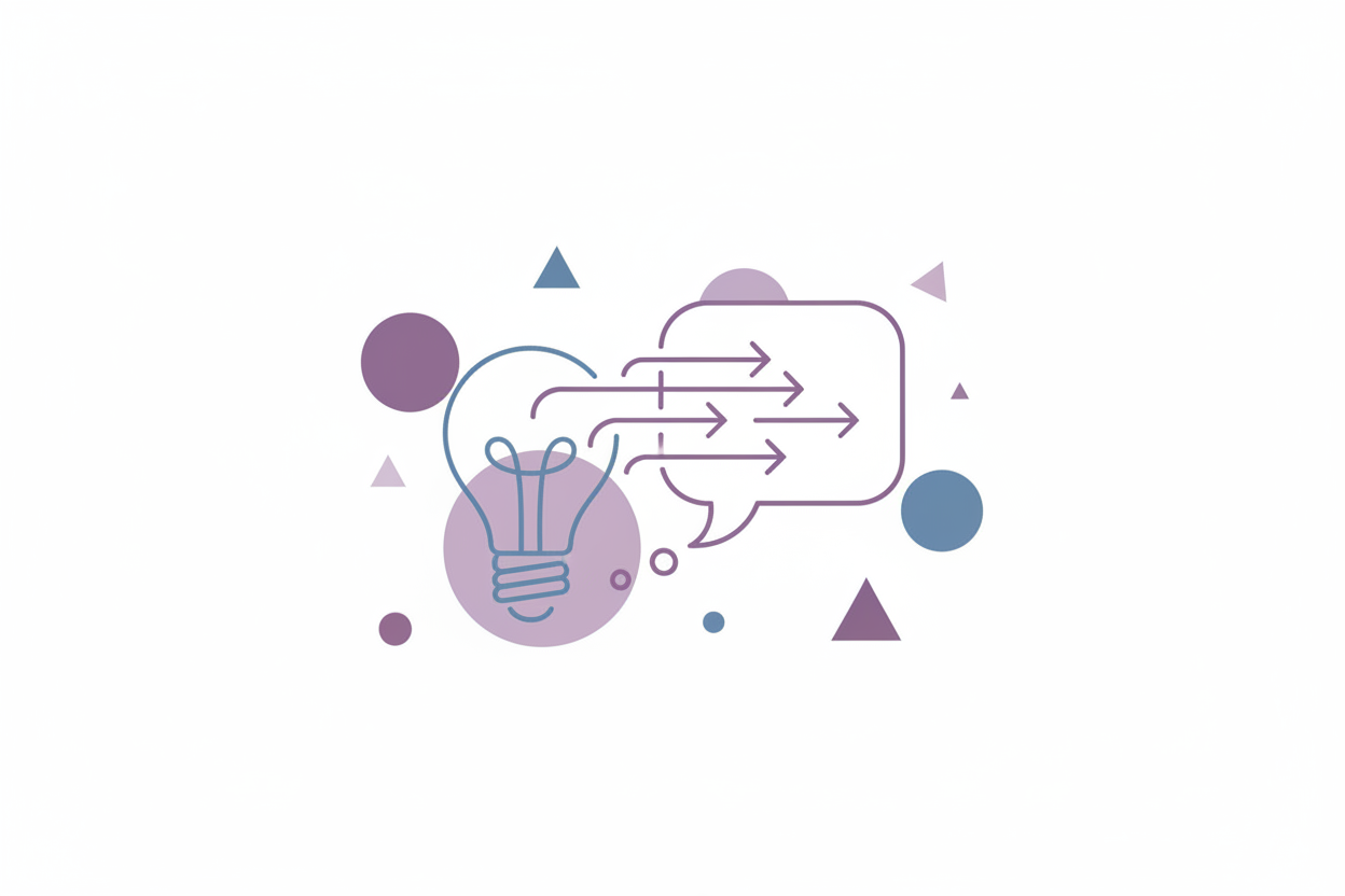 Minimalist thin-line vector illustration showing a lightbulb icon, chat bubble, and directional arrows representing creative guidance. Muted purple and soft blue colors, abstract circles and triangles behind, white background, modern flat style.”