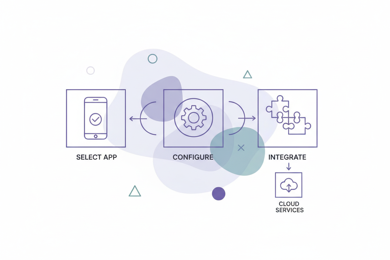 Minimalist thin-line vector illustration showing three or four simple square icons connected by arrows, representing app selection and integration. Muted purple/blue palette, white background, soft blob shapes and geometric accents behind.”