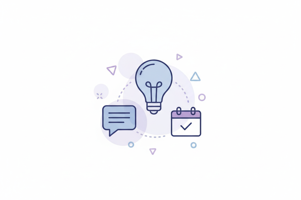 Minimalist white-background vector illustration. A chat bubble icon, lightbulb icon, and small calendar icon arranged together to represent intake and goal-setting. Soft muted blue and purple tones, thin-outline style, and subtle geometric circles and triangles in the background. Clean, modern, flat aesthetic.