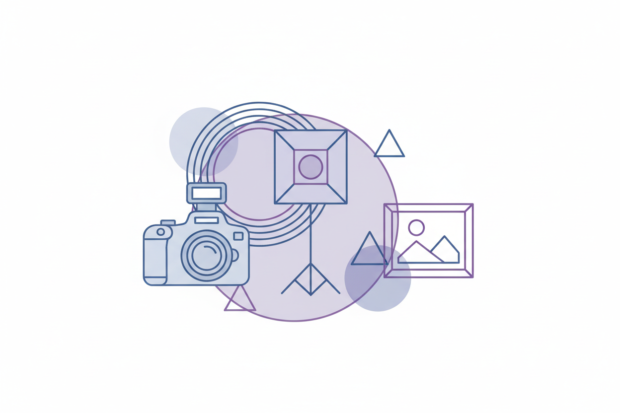 Minimalist white-background vector illustration of a DSLR camera, a softbox studio light, and a framed photo icon. Soft blue/purple muted tones, thin-line style, and abstract geometric circles and triangles behind.”