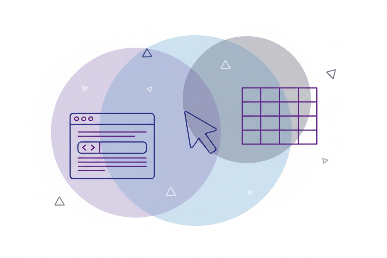 Thin-line vector illustration in the same aesthetic as a camera + studio light composition: overlapping soft pastel circles (lavender, blue, gray), geometric triangles and dots scattered lightly. Main objects: a browser wireframe layout, a grid, and a simple cursor icon. All objects drawn with thin purple/blue outline strokes, no fills. Maintain the abstract, modern, minimal line-art look with circular background shapes overlapping behind icons.