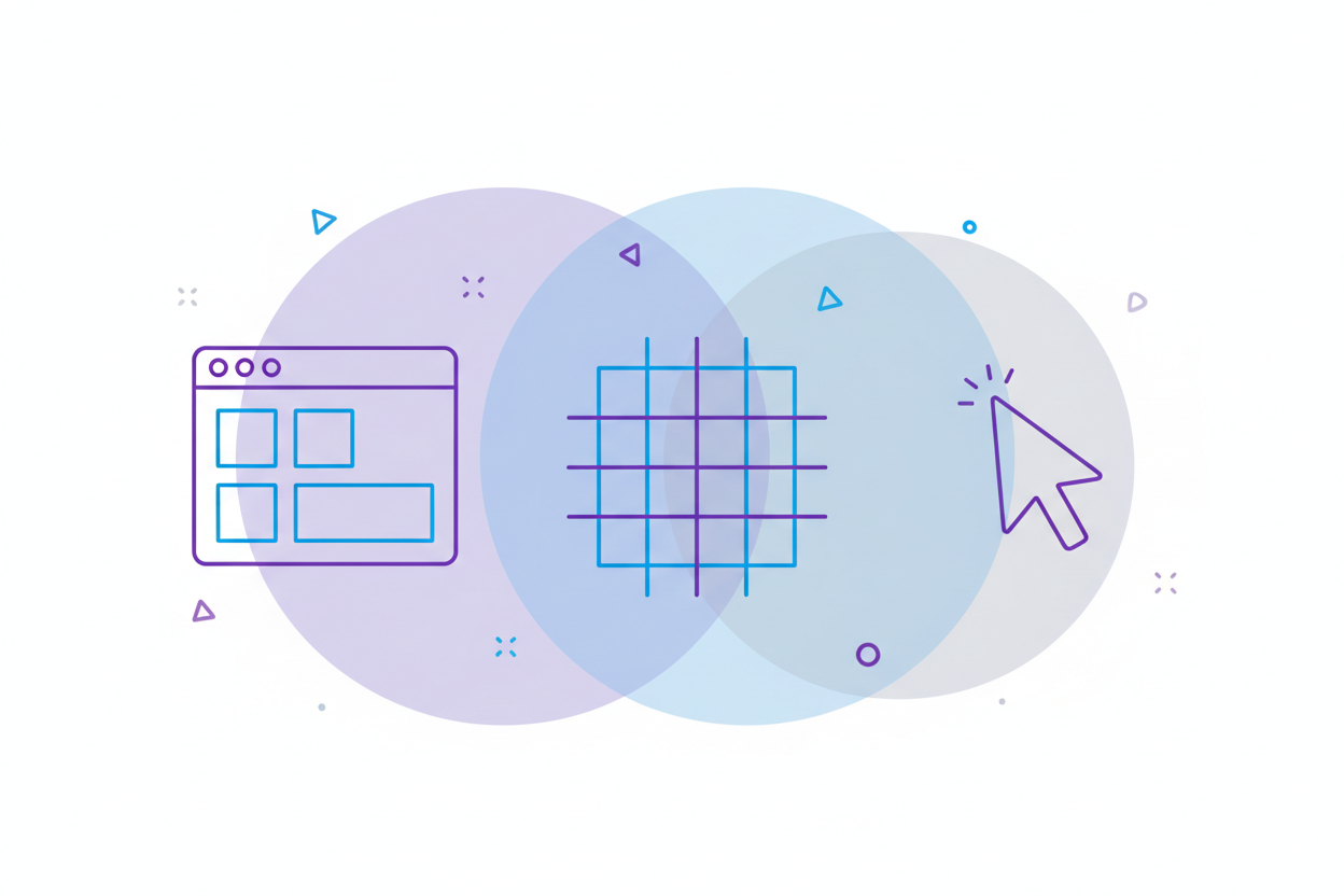 Thin-line vector illustration in the same aesthetic as a camera + studio light composition: overlapping soft pastel circles (lavender, blue, gray), geometric triangles and dots scattered lightly. Main objects: a browser wireframe layout, a grid, and a simple cursor icon. All objects drawn with thin purple/blue outline strokes, no fills. Maintain the abstract, modern, minimal line-art look with circular background shapes overlapping behind icons.
